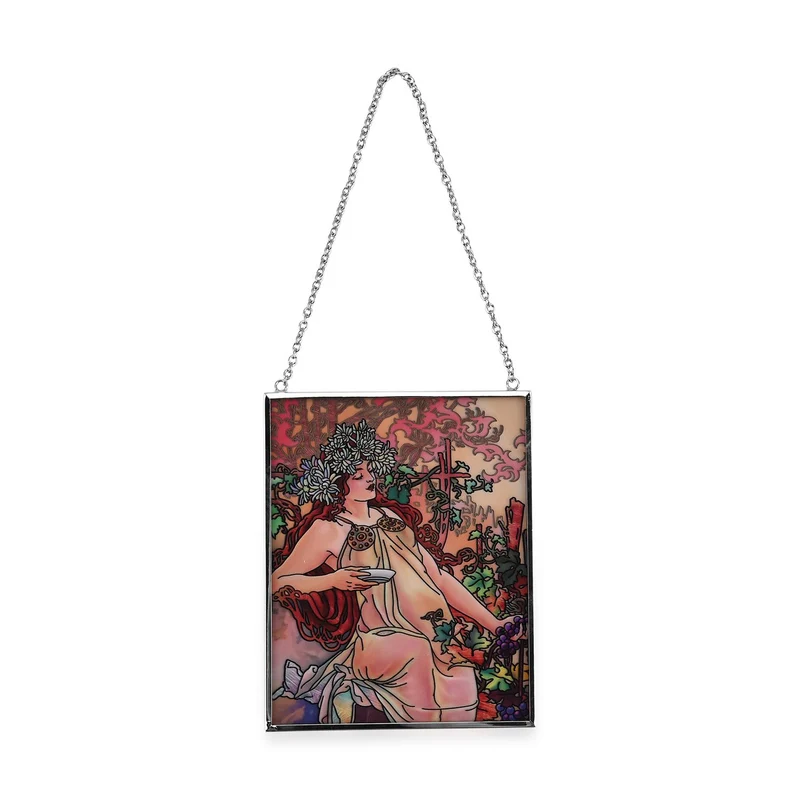 Handbemalter Glas Suncatcher mit Kette, silberfarbenem Rahmen, Alphonse Mucha Motiv Herbst, 12x15 cm