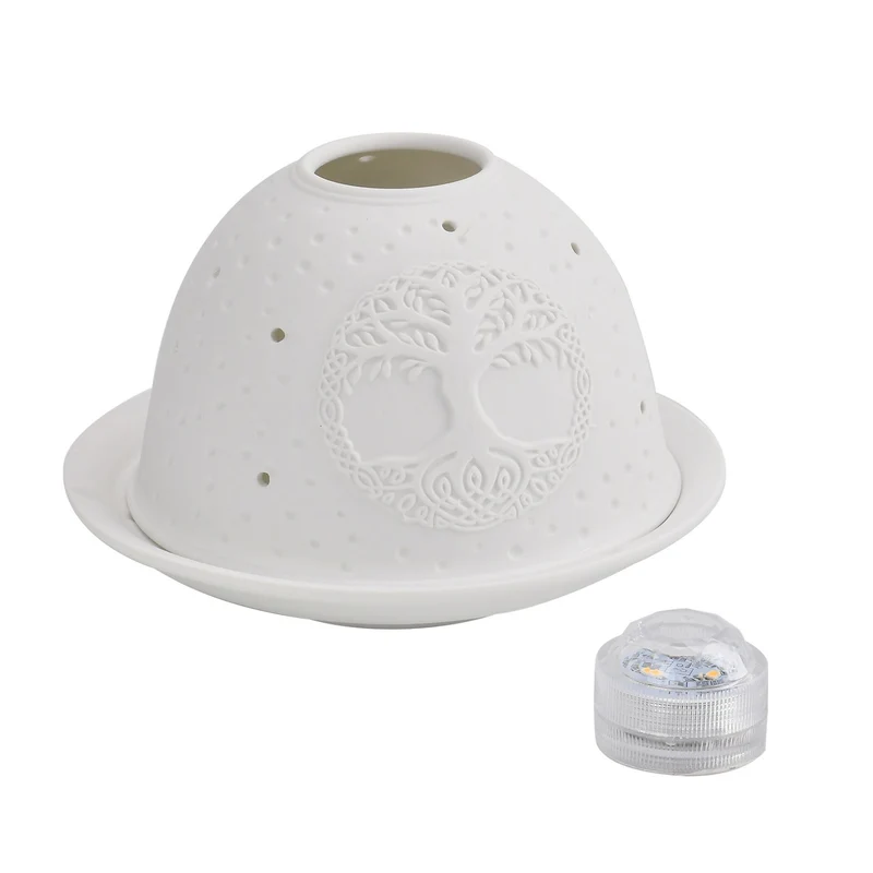 Tealight Candle Holder with LED light Pattern:Bethlehem Made in an unglazed white porcelain Size:Dia10.5xH7.5CM LED Battery: 2*CR2032 Weight:161g Color:white