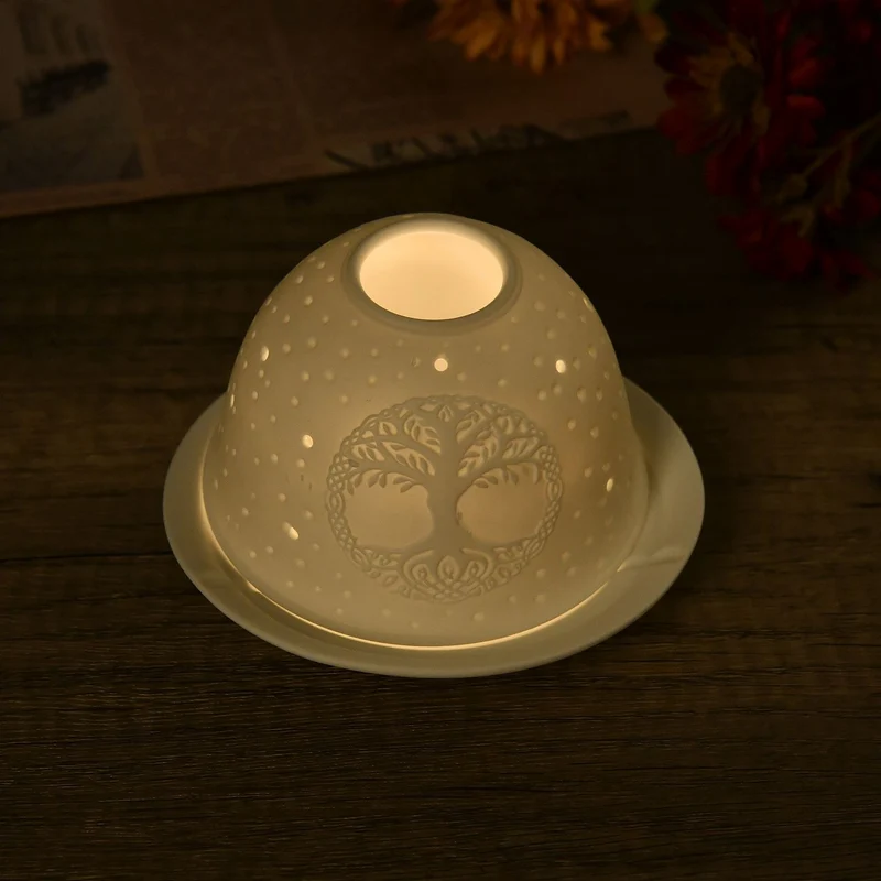 Tealight Candle Holder with LED light Pattern:Bethlehem Made in an unglazed white porcelain Size:Dia10.5xH7.5CM LED Battery: 2*CR2032 Weight:161g Color:white