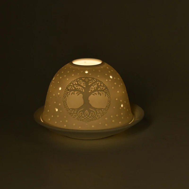 Tealight Candle Holder with LED light Pattern:Bethlehem Made in an unglazed white porcelain Size:Dia10.5xH7.5CM LED Battery: 2*CR2032 Weight:161g Color:white