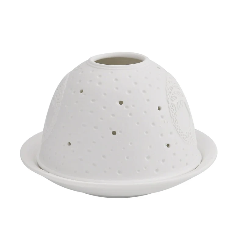 Tealight Candle Holder with LED light Pattern:Bethlehem Made in an unglazed white porcelain Size:Dia10.5xH7.5CM LED Battery: 2*CR2032 Weight:161g Color:white
