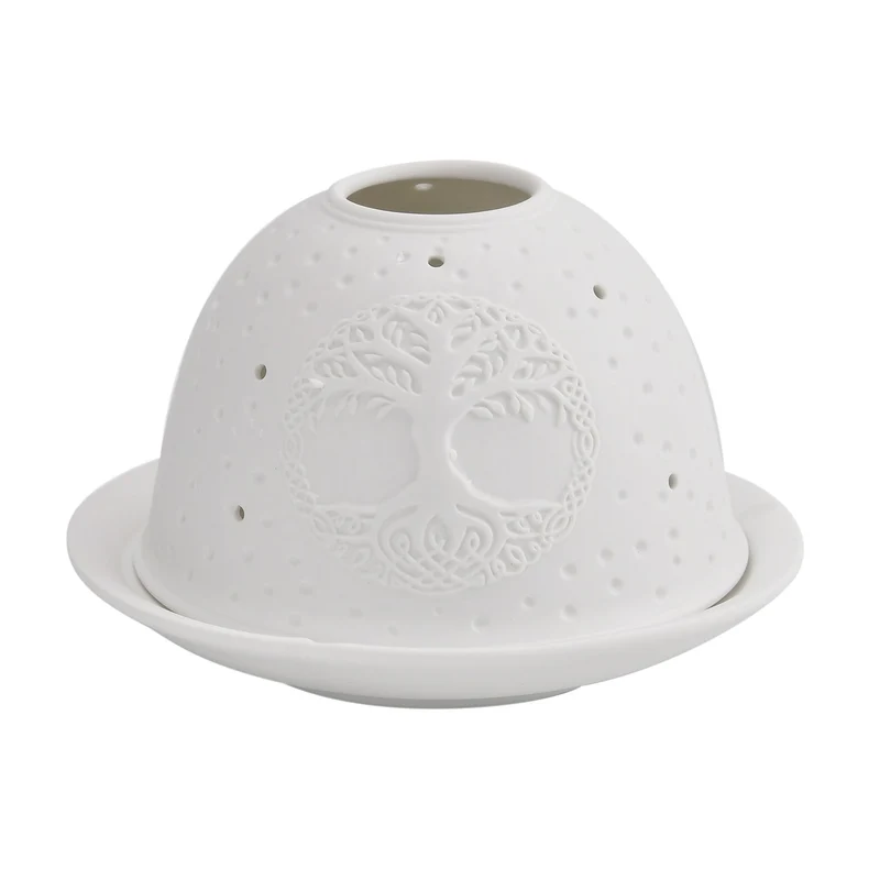 Tealight Candle Holder with LED light Pattern:Bethlehem Made in an unglazed white porcelain Size:Dia10.5xH7.5CM LED Battery: 2*CR2032 Weight:161g Color:white
