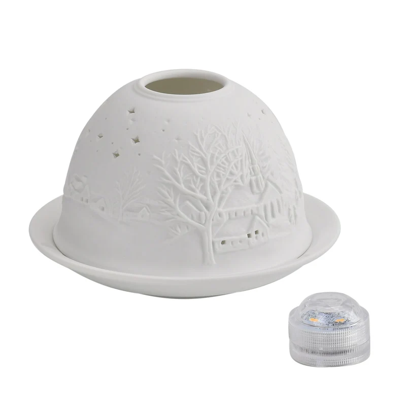 Tealight Candle Holder with LED light Pattern:Bethlehem Made in an unglazed white porcelain Size:Dia10.5xH7.5CM LED Battery: 2*CR2032 Weight:161g Color:white