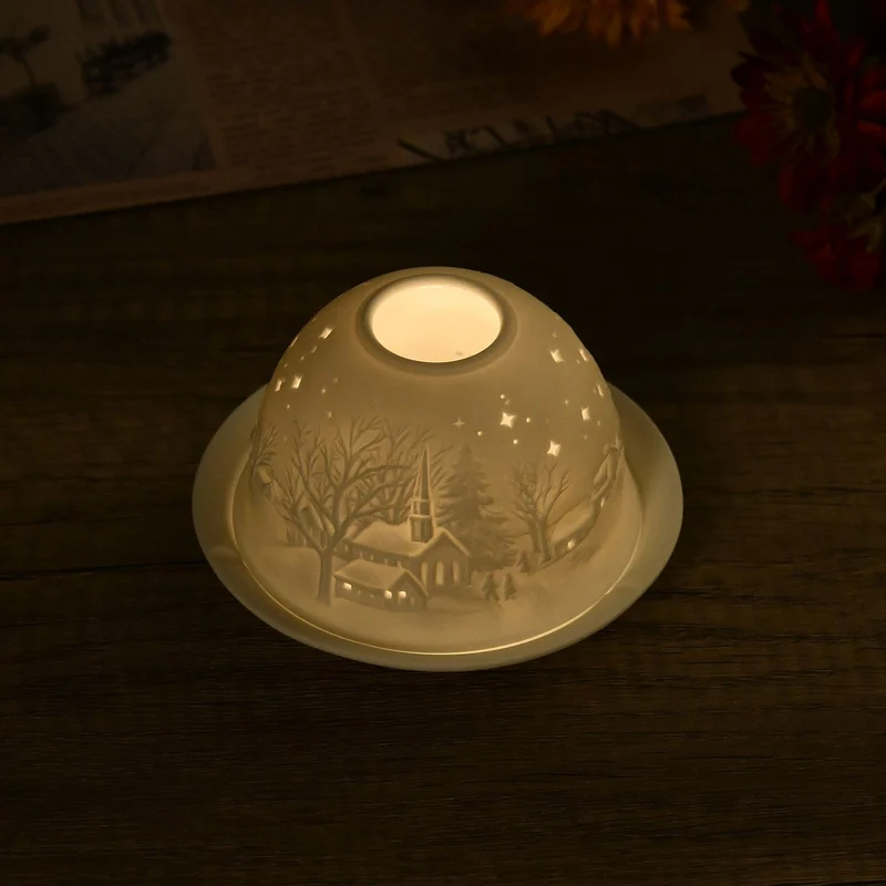 Tealight Candle Holder with LED light Pattern:Bethlehem Made in an unglazed white porcelain Size:Dia10.5xH7.5CM LED Battery: 2*CR2032 Weight:161g Color:white