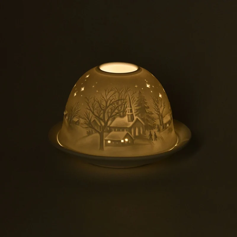 Tealight Candle Holder with LED light Pattern:Bethlehem Made in an unglazed white porcelain Size:Dia10.5xH7.5CM LED Battery: 2*CR2032 Weight:161g Color:white