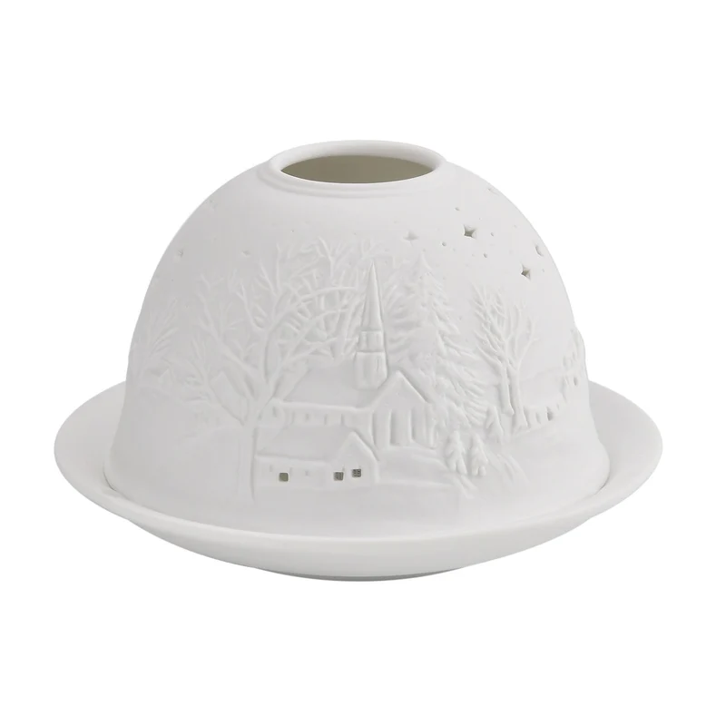 Tealight Candle Holder with LED light Pattern:Bethlehem Made in an unglazed white porcelain Size:Dia10.5xH7.5CM LED Battery: 2*CR2032 Weight:161g Color:white