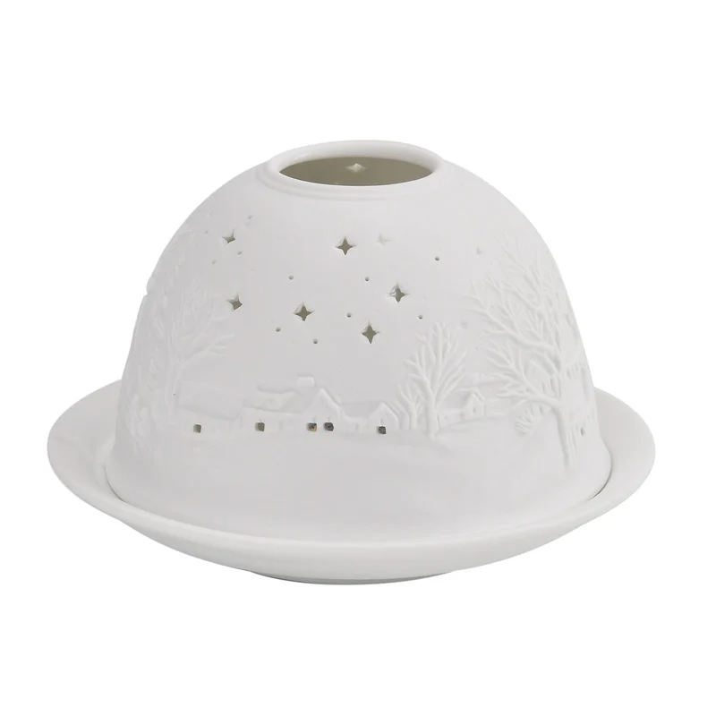 Tealight Candle Holder with LED light Pattern:Bethlehem Made in an unglazed white porcelain Size:Dia10.5xH7.5CM LED Battery: 2*CR2032 Weight:161g Color:white