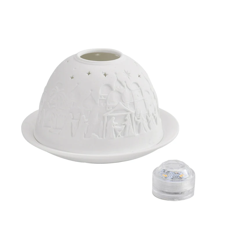 Tealight Candle Holder with LED light Pattern:Bethlehem Made in an unglazed white porcelain Size:Dia10.5xH7.5CM LED Battery: 2*CR2032 Weight:161g Color:white