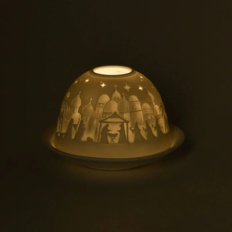 Tealight Candle Holder with LED light Pattern:Bethlehem Made in an unglazed white porcelain Size:Dia10.5xH7.5CM LED Battery: 2*CR2032 Weight:161g Color:white