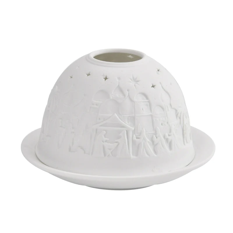 Tealight Candle Holder with LED light Pattern:Bethlehem Made in an unglazed white porcelain Size:Dia10.5xH7.5CM LED Battery: 2*CR2032 Weight:161g Color:white