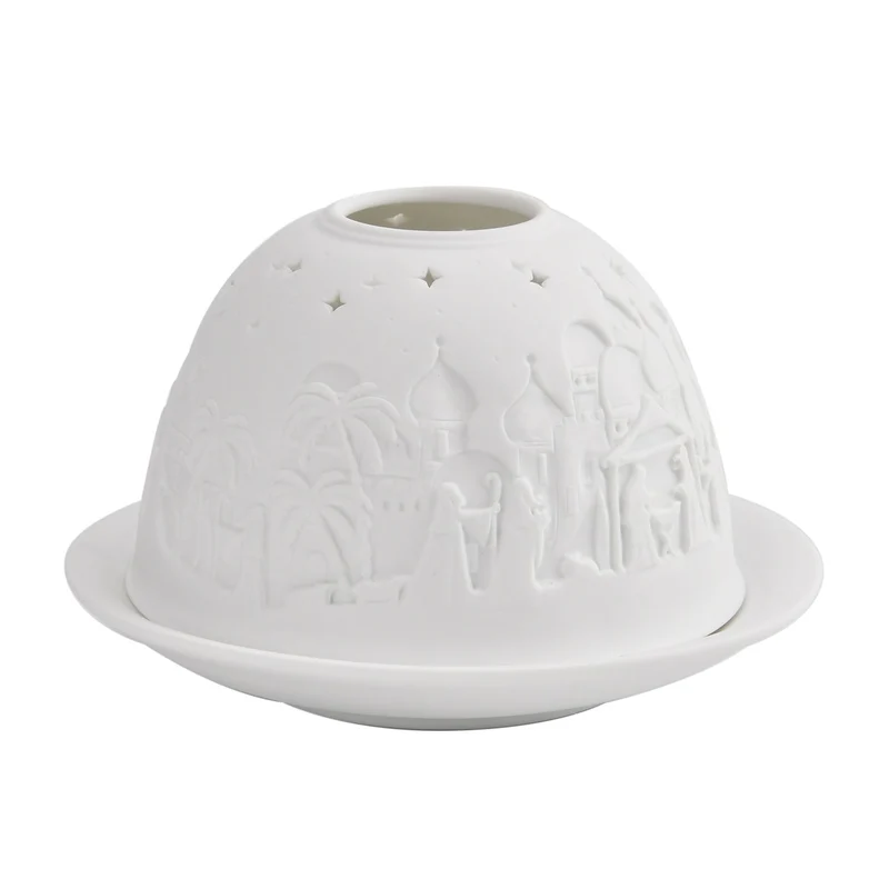 Tealight Candle Holder with LED light Pattern:Bethlehem Made in an unglazed white porcelain Size:Dia10.5xH7.5CM LED Battery: 2*CR2032 Weight:161g Color:white
