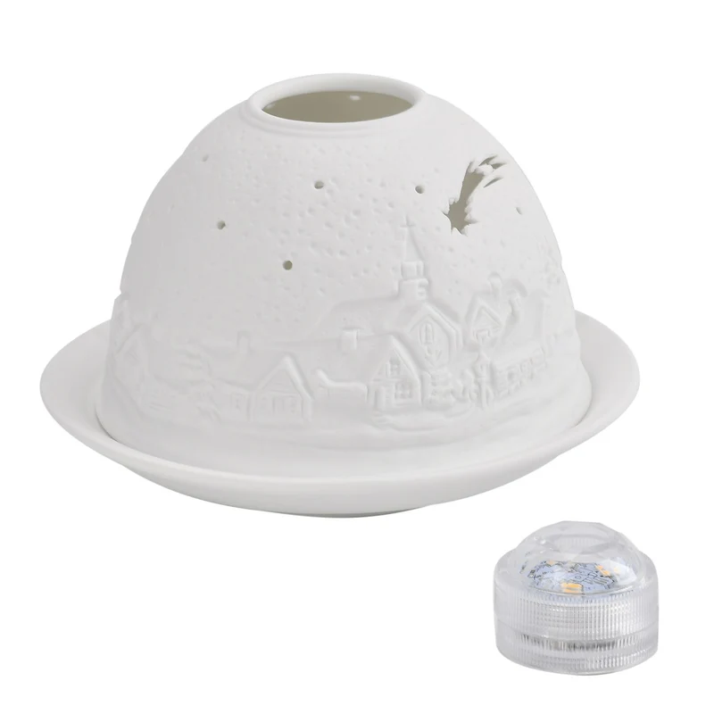 Tealight Candle Holder with LED light Pattern:Bethlehem Made in an unglazed white porcelain Size:Dia10.5xH7.5CM LED Battery: 2*CR2032 Weight:161g Color:white