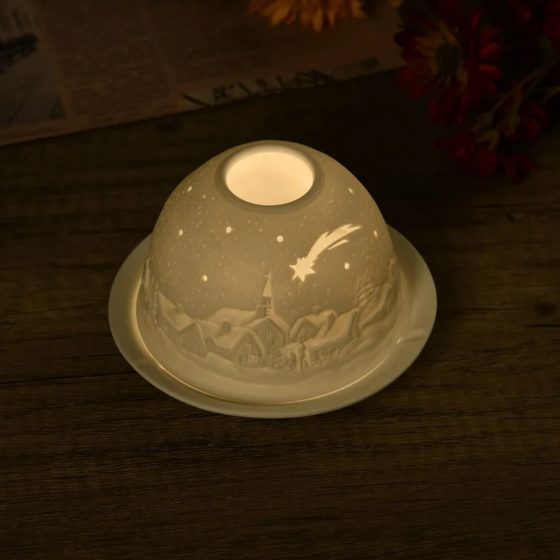 Tealight Candle Holder with LED light Pattern:Bethlehem Made in an unglazed white porcelain Size:Dia10.5xH7.5CM LED Battery: 2*CR2032 Weight:161g Color:white