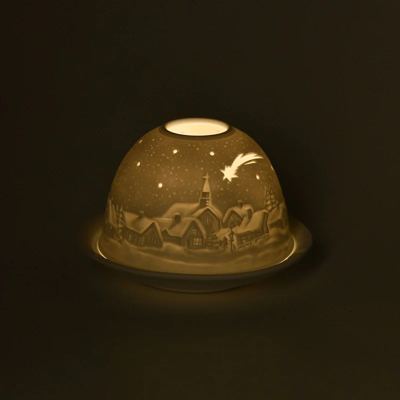 Tealight Candle Holder with LED light Pattern:Bethlehem Made in an unglazed white porcelain Size:Dia10.5xH7.5CM LED Battery: 2*CR2032 Weight:161g Color:white