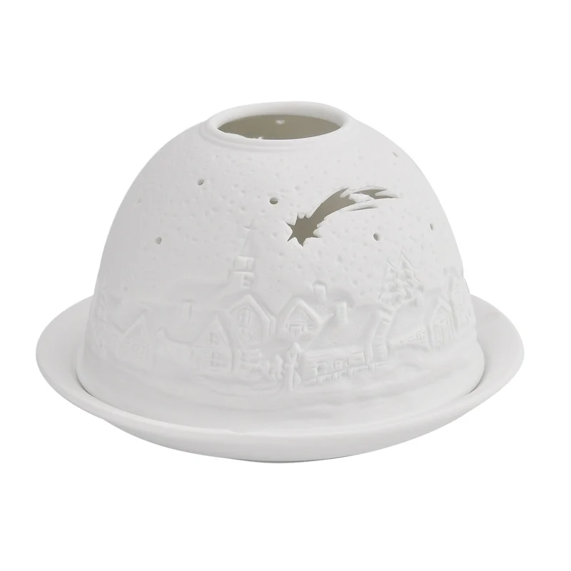 Tealight Candle Holder with LED light Pattern:Bethlehem Made in an unglazed white porcelain Size:Dia10.5xH7.5CM LED Battery: 2*CR2032 Weight:161g Color:white