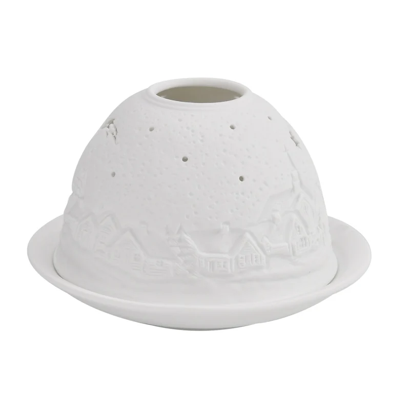 Tealight Candle Holder with LED light Pattern:Bethlehem Made in an unglazed white porcelain Size:Dia10.5xH7.5CM LED Battery: 2*CR2032 Weight:161g Color:white