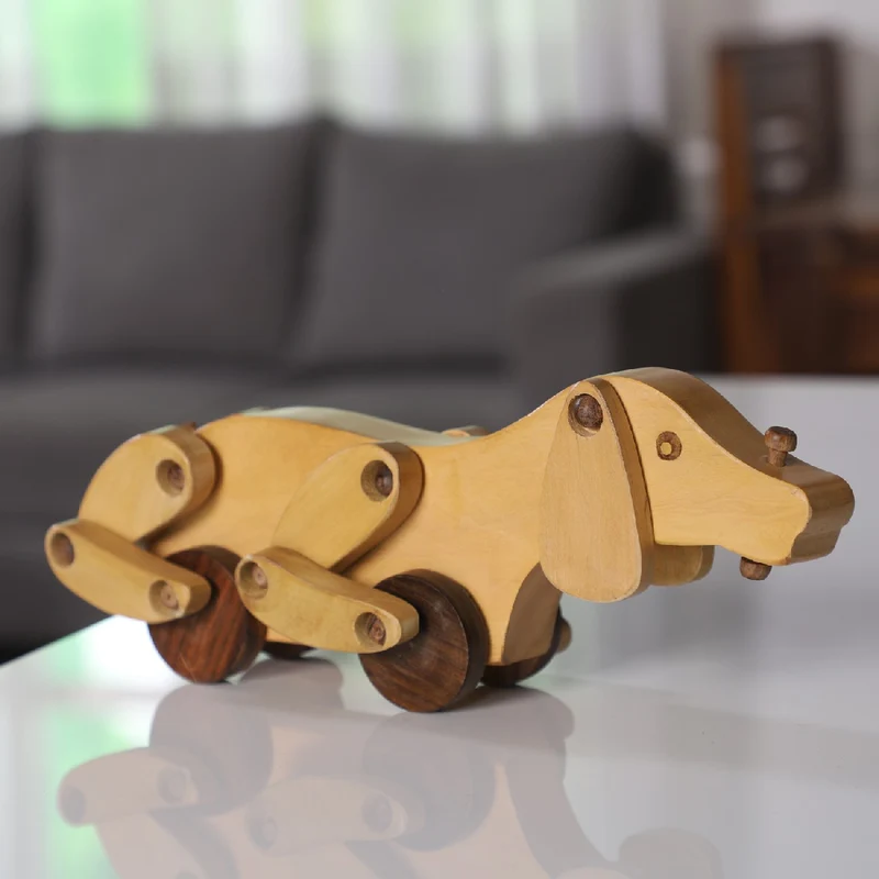 Handgefertigter Holzspielzeug-Hund auf Rädern, Größe 30x10x9 cm, Braun