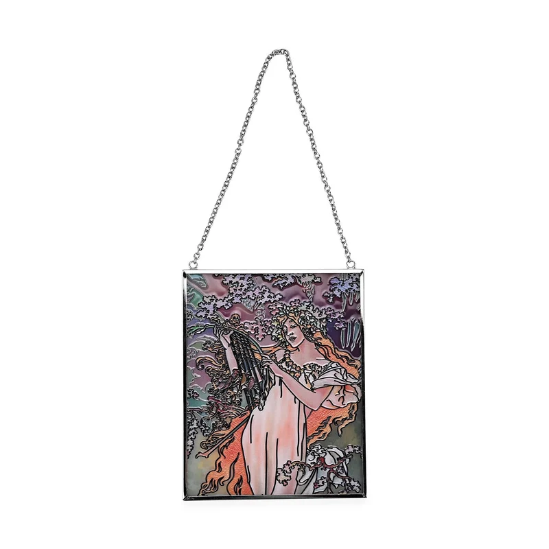 Handbemalter Glas Suncatcaher mit Kette, silberfarbenem Rahmen, Alphonse Mucha Motiv Frühling, 12x15 cm
