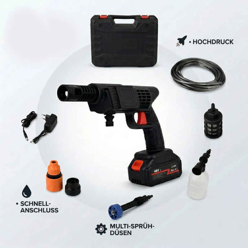 Kabelloser Akku-Hochdruckreiniger, 260 W, 2 Akkus je 6000 mAh, 5 m Wasserschlauch, Zubehör-Set, Blau