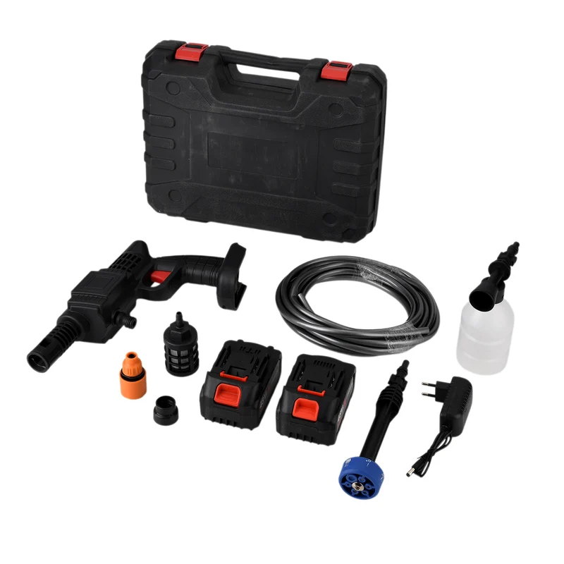 Kabelloser Akku-Hochdruckreiniger, 260 W, 2 Akkus je 6000 mAh, 5 m Wasserschlauch, Zubehör-Set, Blau