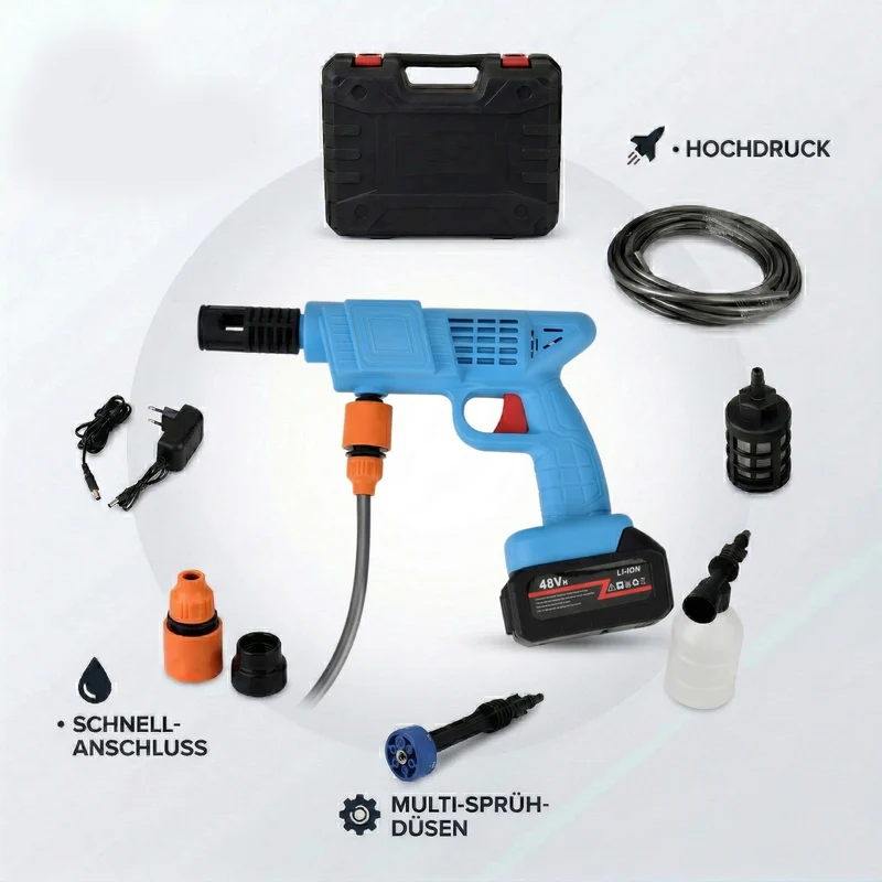 Kabelloser Akku-Hochdruckreiniger, 260 W, 2 Akkus je 6000 mAh, 5 m Wasserschlauch, Zubehör-Set, Blau