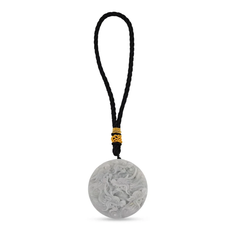 Natürlicher burmesischer Jadeit Typ A Hängedekoration mit Doppeldrachen-Relief, 45mm - 368 ct.