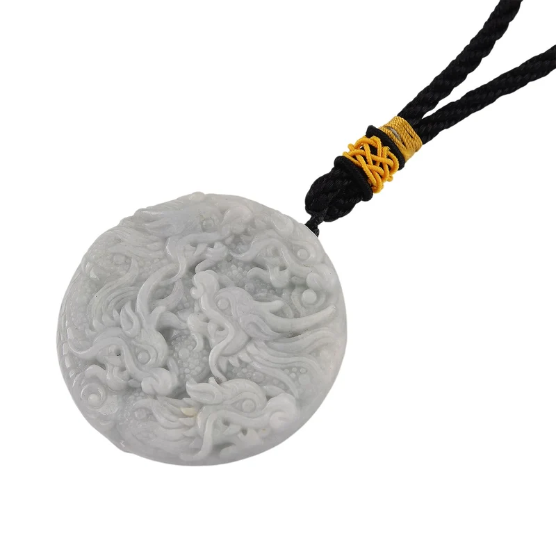 Natürlicher burmesischer Jadeit Typ A Hängedekoration mit Doppeldrachen-Relief, 45mm - 368 ct.