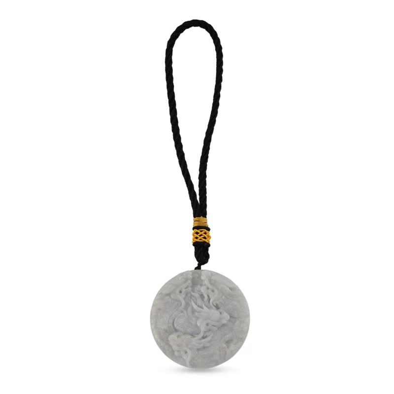 Natürlicher burmesischer Jadeit Typ A Hängedekoration mit Doppeldrachen-Relief, 45mm - 368 ct.