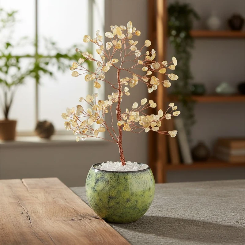 LIVMORE Edelsteinbaum mit 168 Citrin Perlen Keramikschale ca. 18 cm Gelb