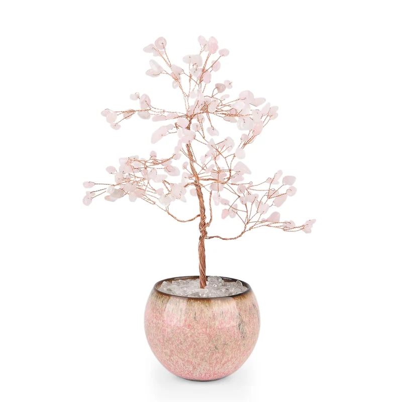 LIVMORE Edelsteinbaum mit 168 Rosenquarz Perlen Keramikschale ca. 18 cm Rosa