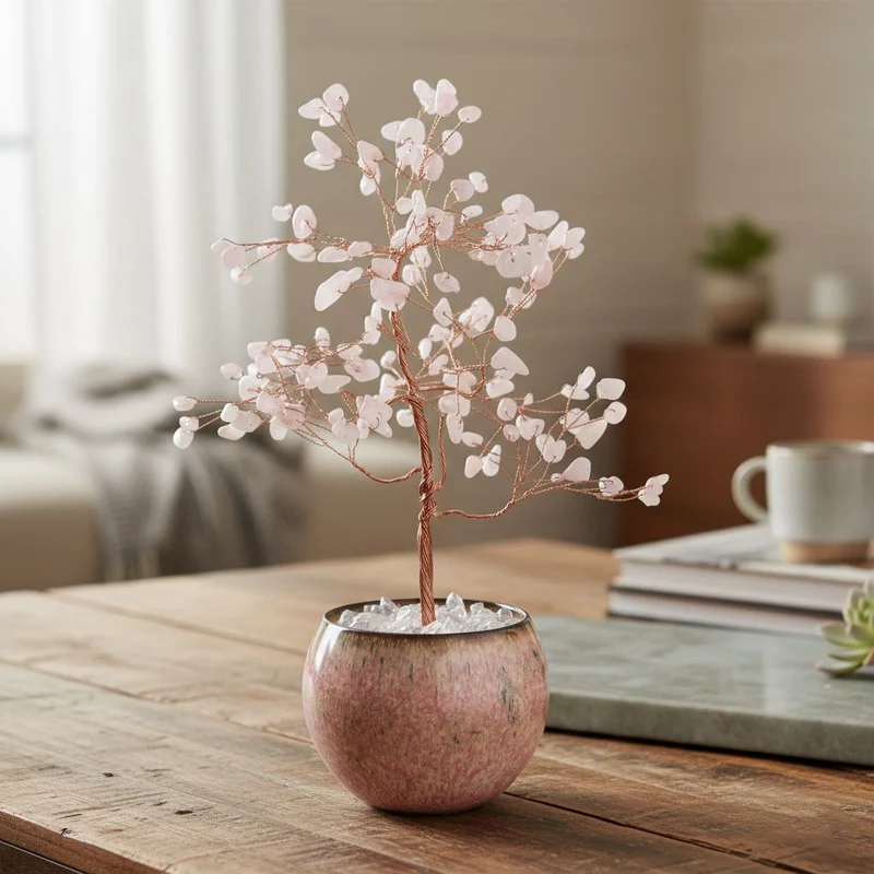 LIVMORE Edelsteinbaum mit 168 Rosenquarz Perlen Keramikschale ca. 18 cm Rosa