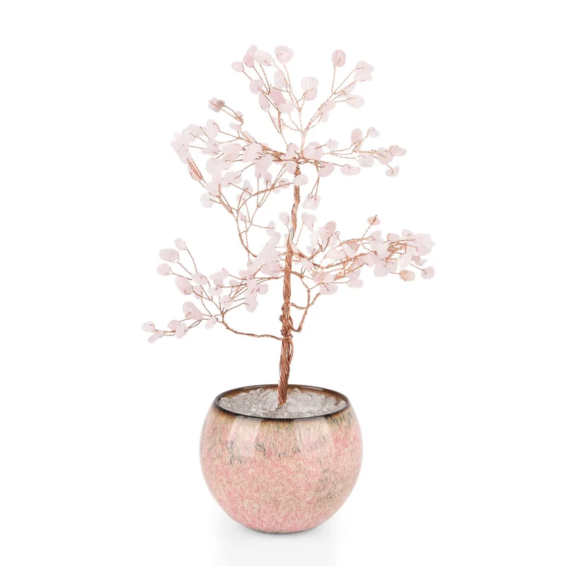 LIVMORE Edelsteinbaum mit 168 Rosenquarz Perlen Keramikschale ca. 18 cm Rosa