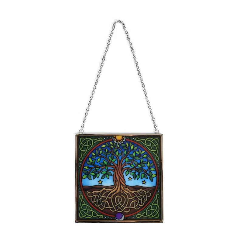 Handbemalter Sonnenfänger aus Glas mit Kette und silberfarbenem Rahmen, Mucha-Motiv, 12x15 cm