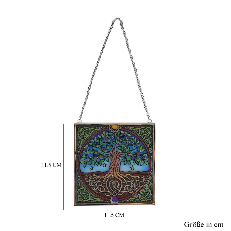 Handbemalter Sonnenfänger aus Glas mit Kette und silberfarbenem Rahmen, Mucha-Motiv, 12x15 cm