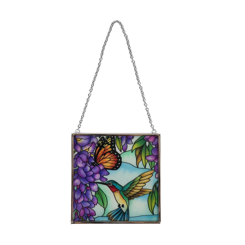 Handbemalter Sonnenfänger aus Glas mit Kette und silberfarbenem Rahmen, Mucha-Motiv, 12x15 cm