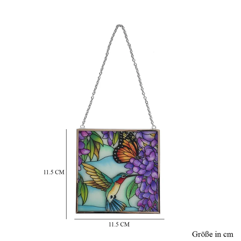 Handbemalter Sonnenfänger aus Glas mit Kette und silberfarbenem Rahmen, Mucha-Motiv, 12x15 cm