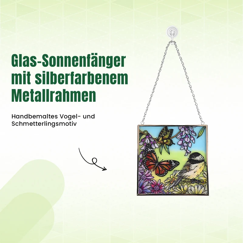 Handbemalter Sonnenfänger aus Glas mit Kette und silberfarbenem Rahmen, Mucha-Motiv, 12x15 cm