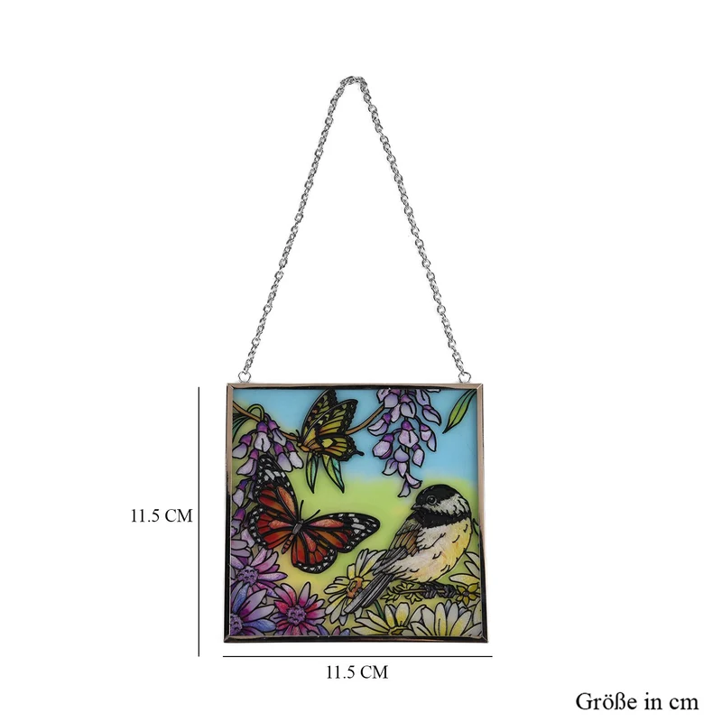 Handbemalter Sonnenfänger aus Glas mit Kette und silberfarbenem Rahmen, Mucha-Motiv, 12x15 cm