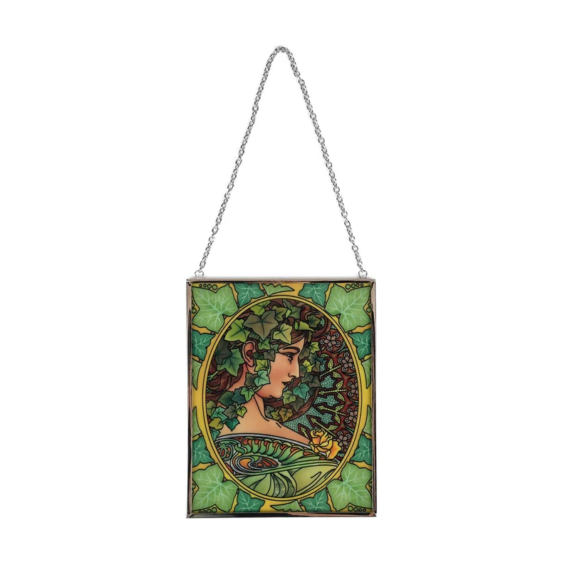 Handbemalter Sonnenfänger aus Glas mit Kette und silberfarbenem Rahmen, Mucha-Motiv, 12x15 cm