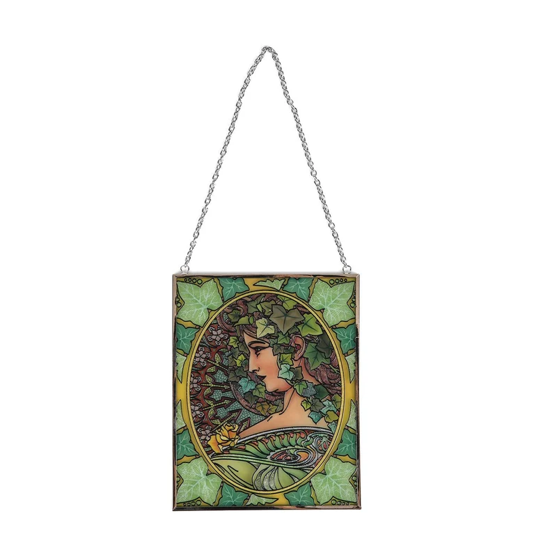 Handbemalter Sonnenfänger aus Glas mit Kette und silberfarbenem Rahmen, Mucha-Motiv, 12x15 cm