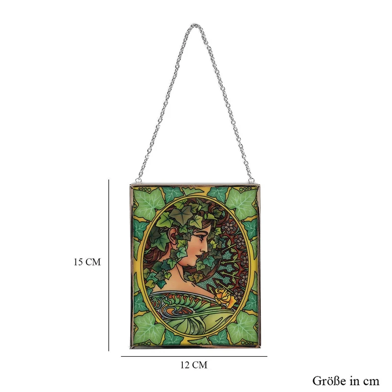 Handbemalter Sonnenfänger aus Glas mit Kette und silberfarbenem Rahmen, Mucha-Motiv, 12x15 cm