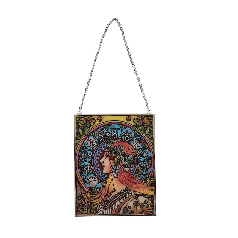 Handbemalter Sonnenfänger aus Glas mit Kette und silberfarbenem Rahmen, Mucha-Motiv, 12x15 cm