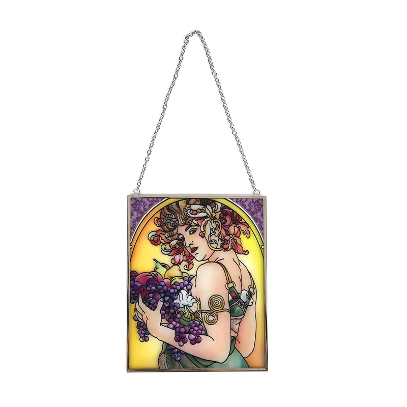 Handbemalter Sonnenfänger aus Glas mit Kette und silberfarbenem Rahmen, Mucha-Motiv, 12x15 cm