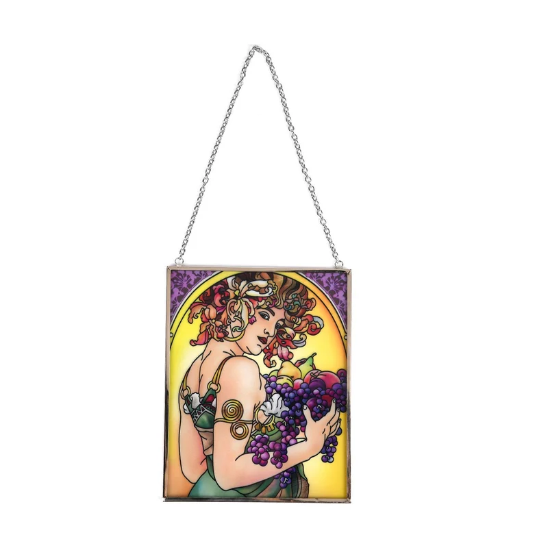 Handbemalter Sonnenfänger aus Glas mit Kette und silberfarbenem Rahmen, Mucha-Motiv, 12x15 cm