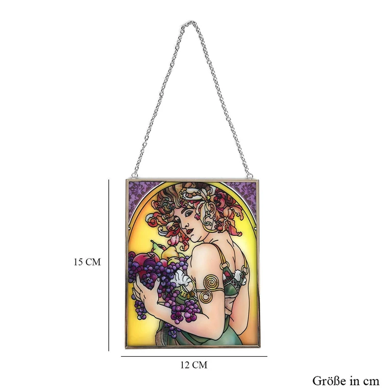 Handbemalter Sonnenfänger aus Glas mit Kette und silberfarbenem Rahmen, Mucha-Motiv, 12x15 cm