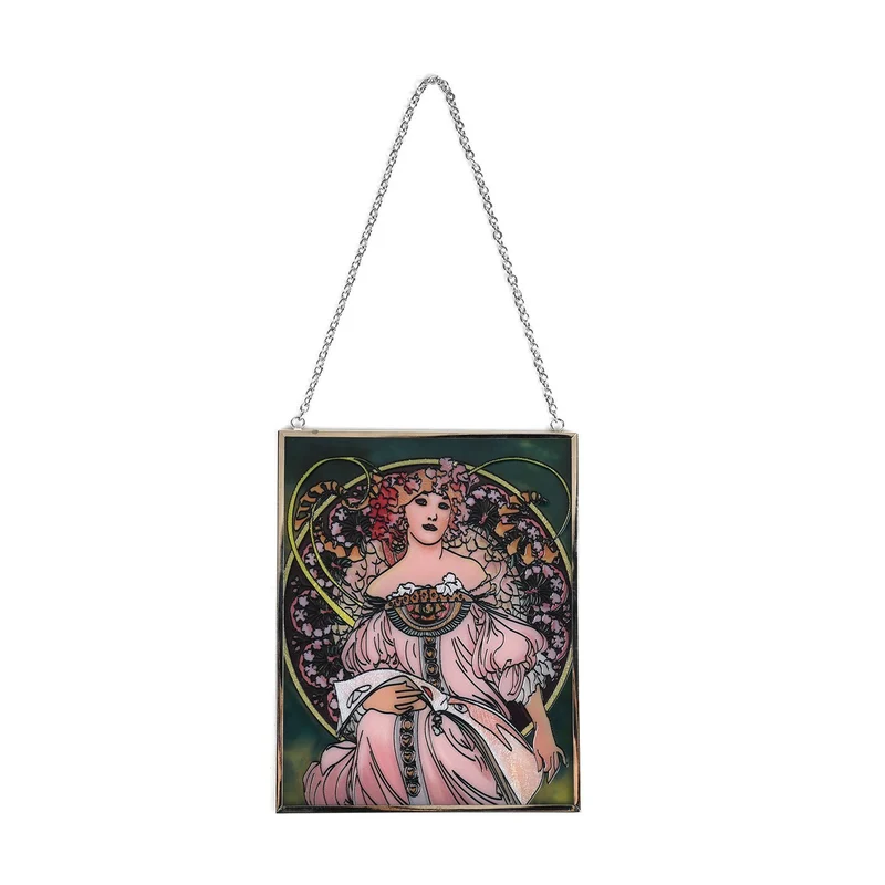 Handbemalter Sonnenfänger aus Glas mit Kette und silberfarbenem Rahmen, Mucha-Motiv, 12x15 cm