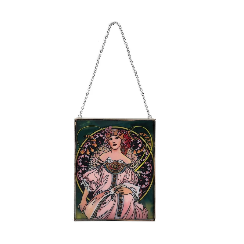 Handbemalter Sonnenfänger aus Glas mit Kette und silberfarbenem Rahmen, Mucha-Motiv, 12x15 cm