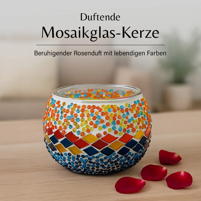 Handgefertigte Mosaikglas, mit Sojawachs-Duftkerze, 180g, 36 Std. Brenndauer, 8ml natürliches Öl, Rose