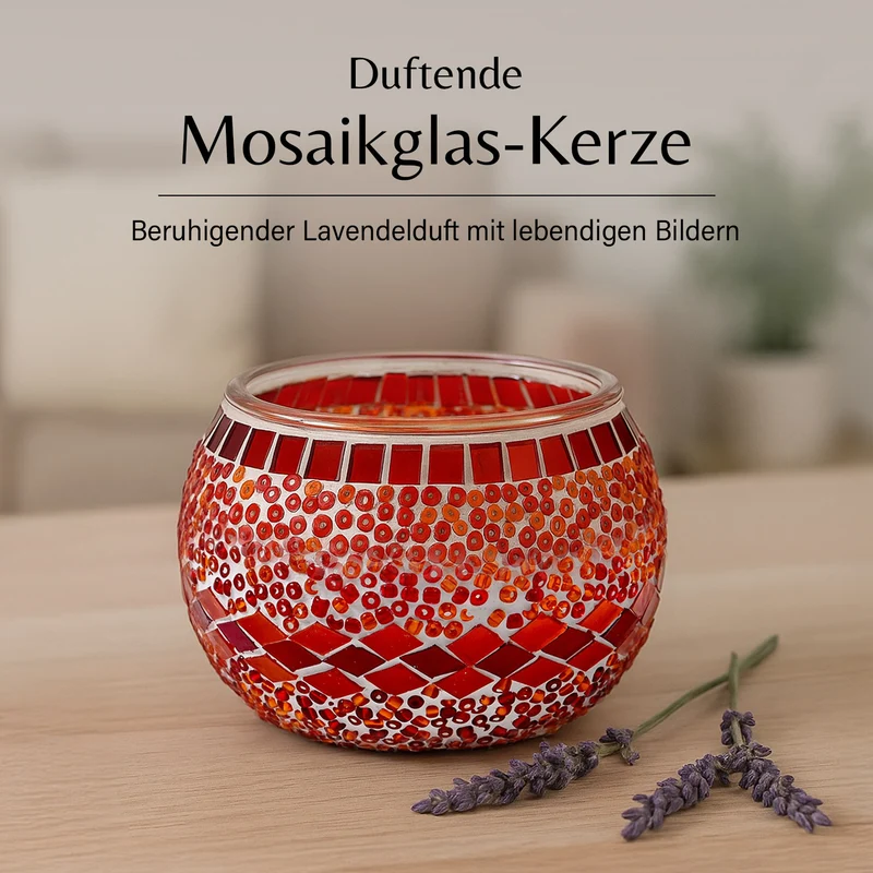 Handgefertigte Mosaikglas, mit Sojawachs-Duftkerze, 180g, 36 Std. Brenndauer, 8ml natürliches Öl, Rose