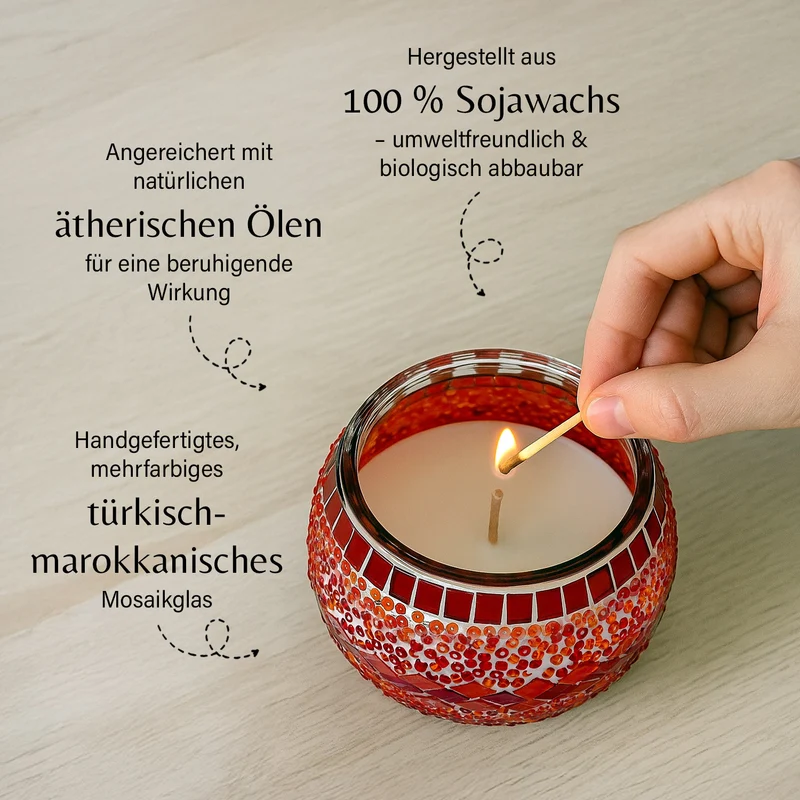 Handgefertigte Mosaikglas, mit Sojawachs-Duftkerze, 180g, 36 Std. Brenndauer, 8ml natürliches Öl, Rose